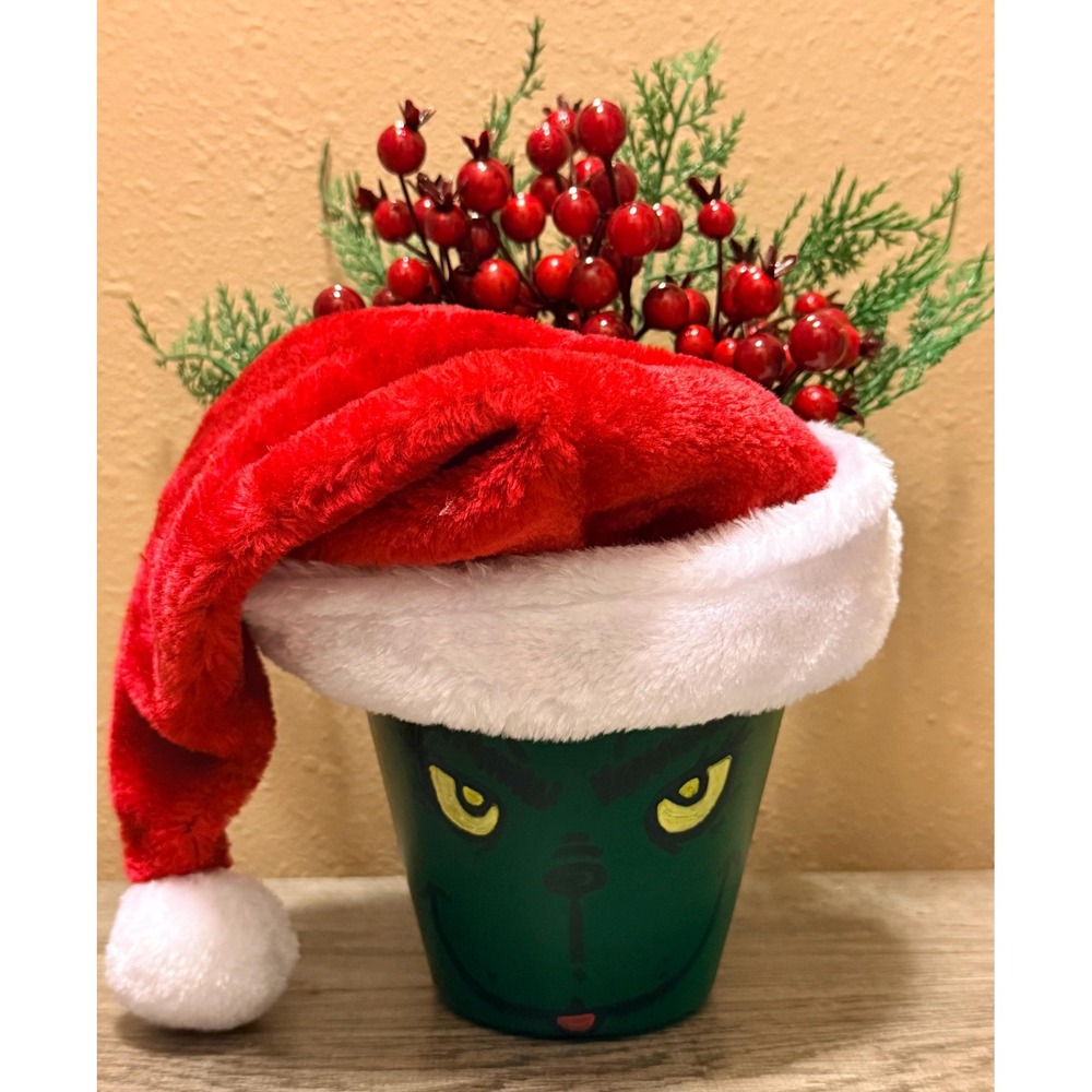 Grinch Inspired Christmas Hand Painted 6" Planter w/Berries & Evergreen